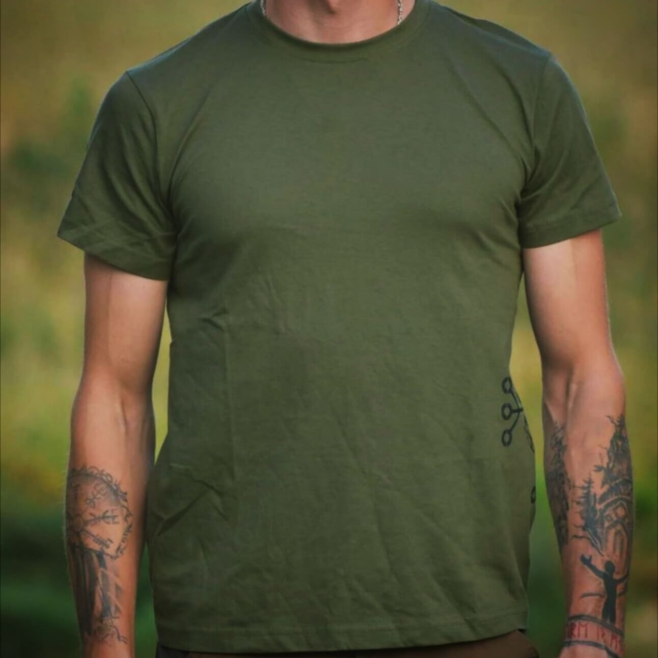 Olive Green T-Shirt with Helm of Awe and Valknut