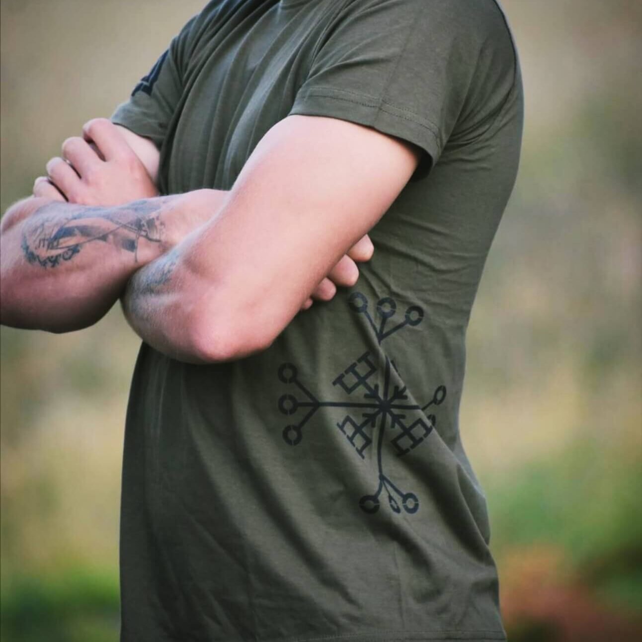 Olive Green T-Shirt with Helm of Awe and Valknut