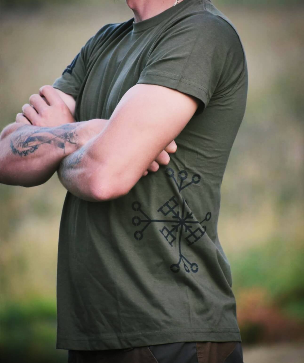 Olive Green T-Shirt with Helm of Awe and Valknut